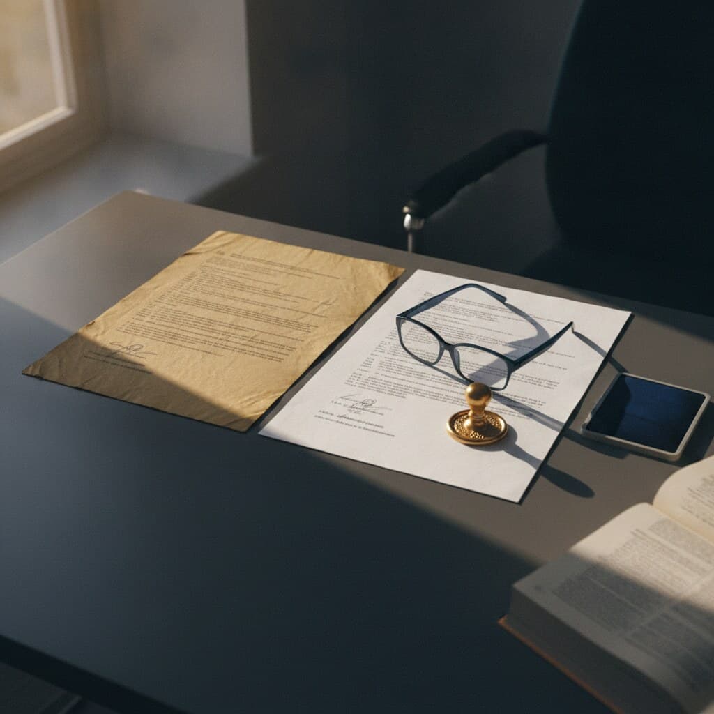 Schreibtisch mit zwei Dokumenten, Stempel und zweisprachigem Wörterbuch — Fachübersetzungen Recht, Medizin, Wirtschaft